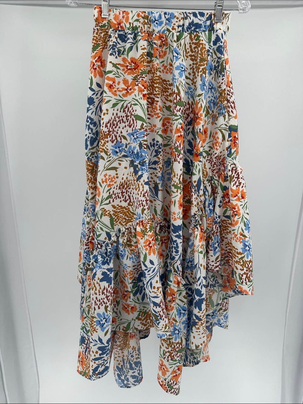 Three Bird Nest Cream High-Low Floral Tiered Skirt with Orange & Blue Print